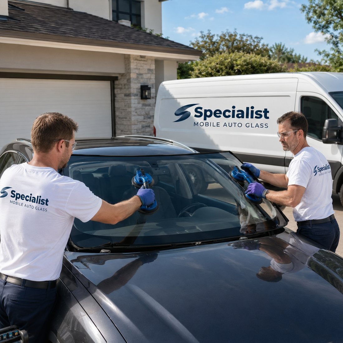 Two Specialist Mobile Auto Glass technicians setting a replacement windshield onto a vehicle in a residential driveway beside the company service van